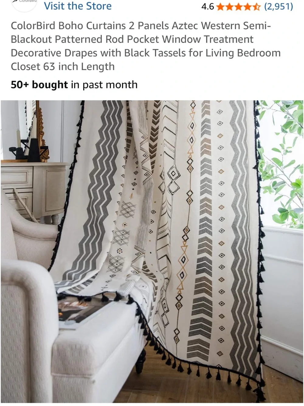 Neutral Geometric Tassel curtains - off White & Black